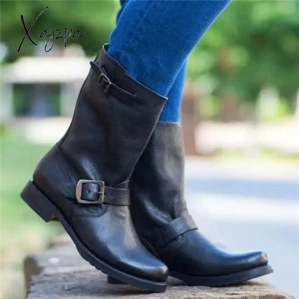 Xajzpa - Explosion Models Large Size Women's Shoes Belt Buckle In The Tube Boots After The Strap Flat Riding Women's Boots 40-43