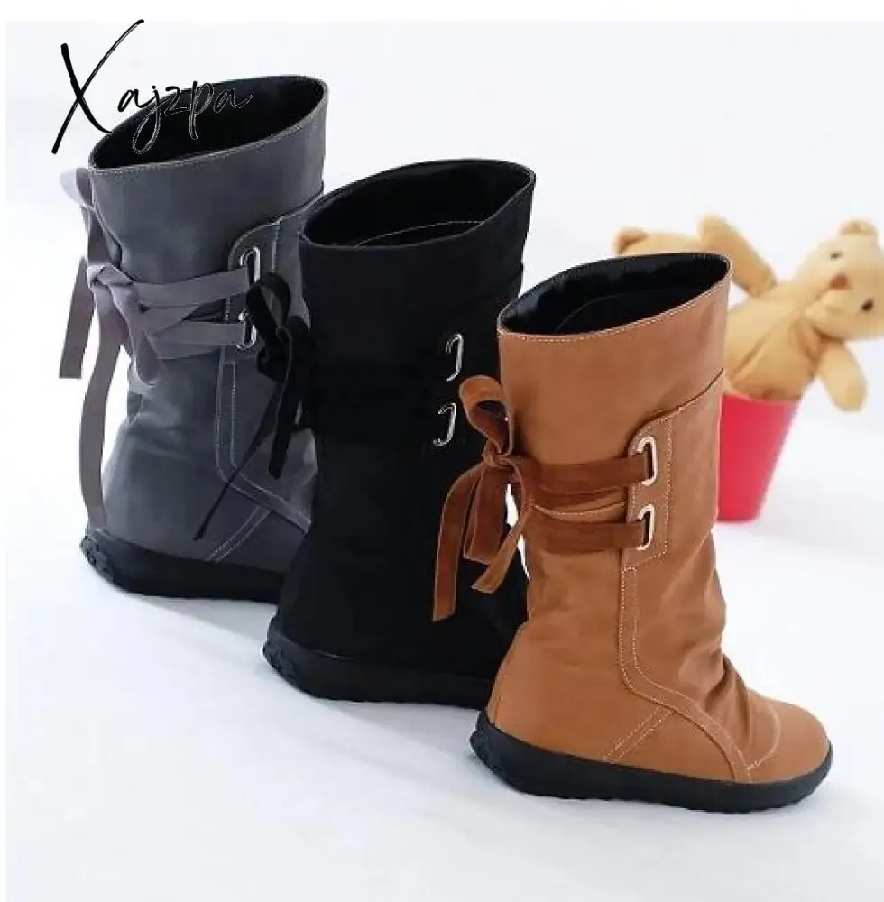 Xajzpa - Explosion Models Large Size Women's Shoes Belt Buckle In The Tube Boots After The Strap Flat Riding Women's Boots 40-43