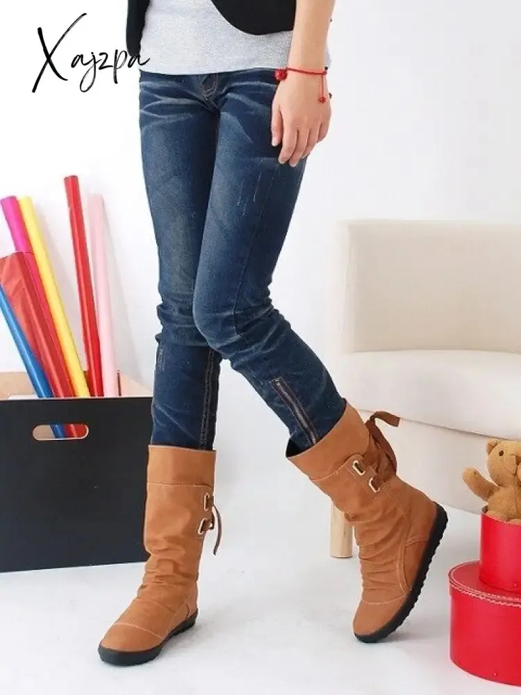 Xajzpa - Explosion Models Large Size Women's Shoes Belt Buckle In The Tube Boots After The Strap Flat Riding Women's Boots 40-43