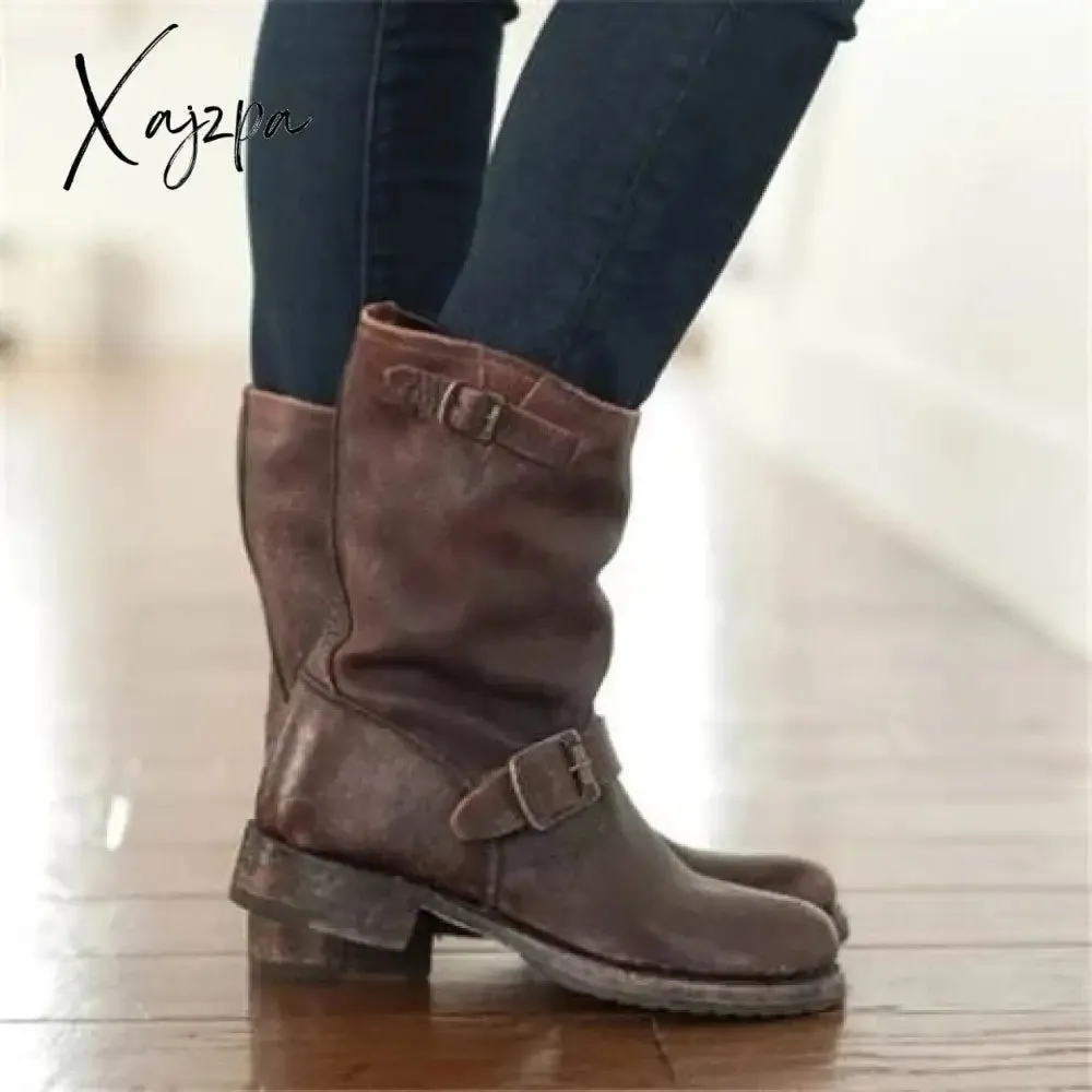 Xajzpa - Explosion Models Large Size Women's Shoes Belt Buckle In The Tube Boots After The Strap Flat Riding Women's Boots 40-43