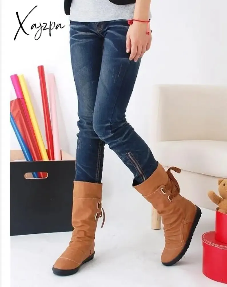 Xajzpa - Explosion Models Large Size Women's Shoes Belt Buckle In The Tube Boots After The Strap Flat Riding Women's Boots 40-43