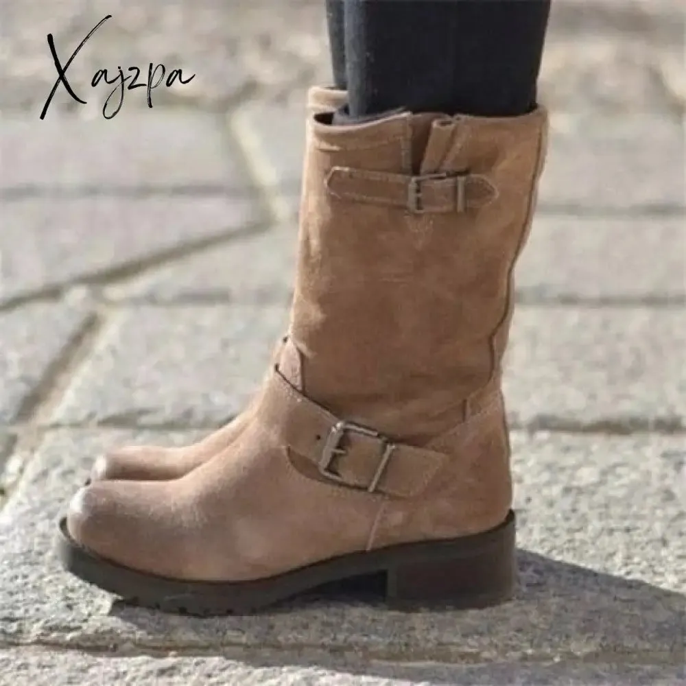 Xajzpa - Explosion Models Large Size Women's Shoes Belt Buckle In The Tube Boots After The Strap Flat Riding Women's Boots 40-43