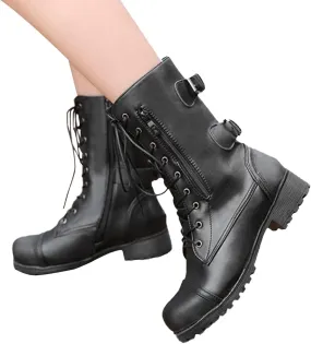 ZBYY Women's Ankle Lace Up Military Combat Booties Winter Mid Calf Riding Military Boots Buckle Low Heel Side Zipper Anti-Slip Motorcycle Boots