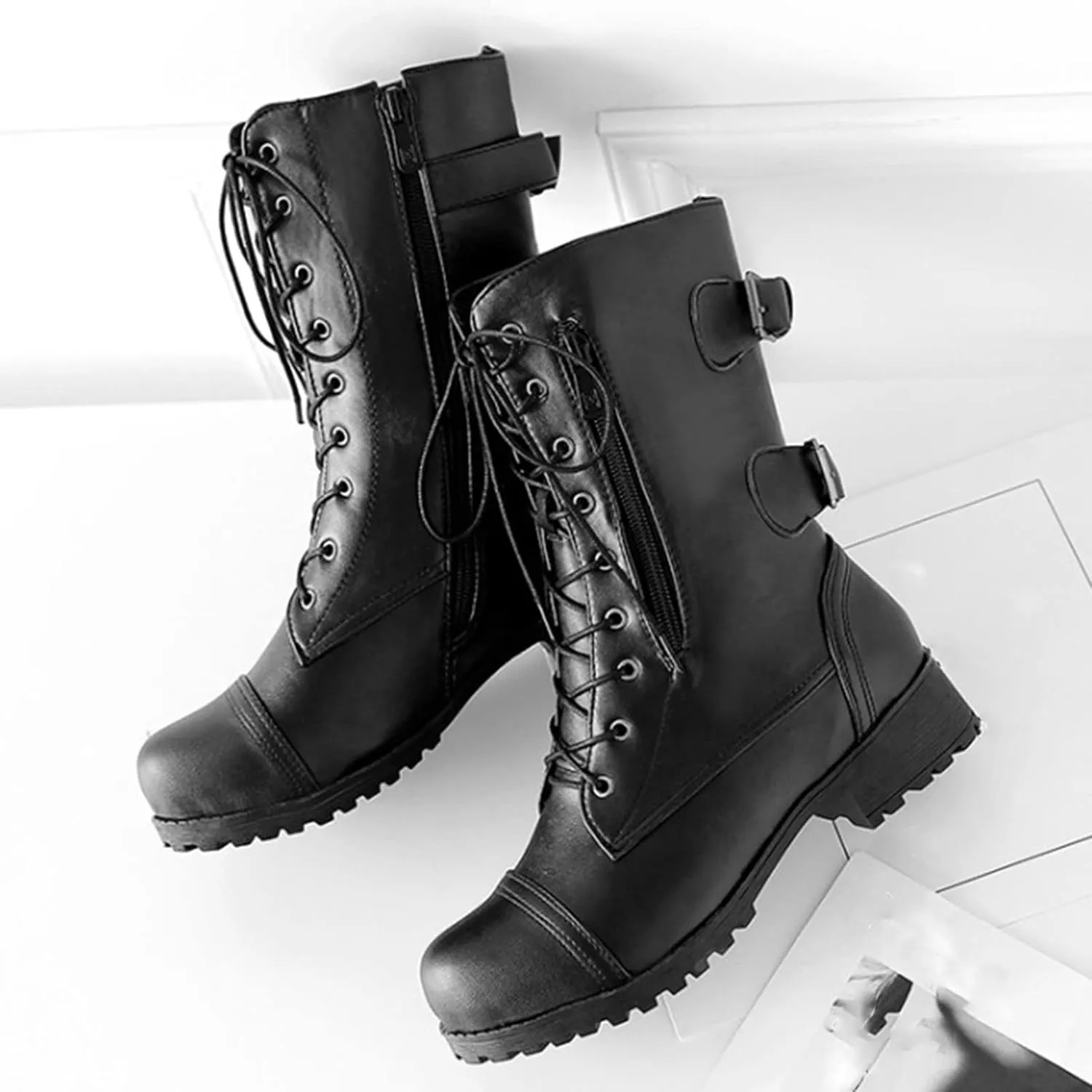 ZBYY Women's Ankle Lace Up Military Combat Booties Winter Mid Calf Riding Military Boots Buckle Low Heel Side Zipper Anti-Slip Motorcycle Boots
