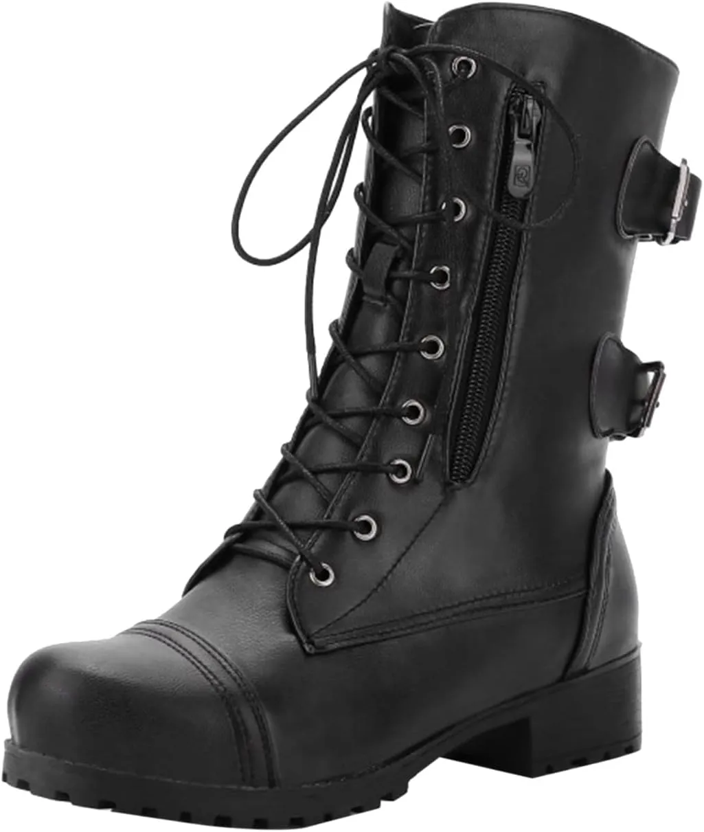 ZBYY Women's Ankle Lace Up Military Combat Booties Winter Mid Calf Riding Military Boots Buckle Low Heel Side Zipper Anti-Slip Motorcycle Boots