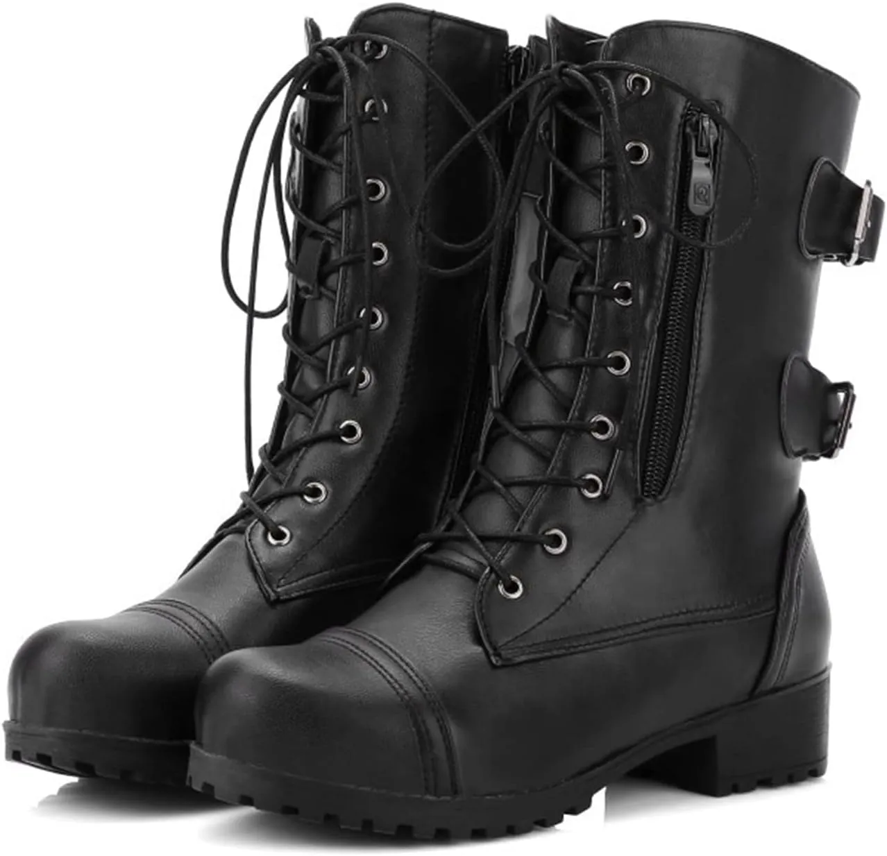 ZBYY Women's Ankle Lace Up Military Combat Booties Winter Mid Calf Riding Military Boots Buckle Low Heel Side Zipper Anti-Slip Motorcycle Boots