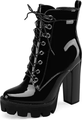 Z.Oufeier Women's Platform Ankle Boots Fashion Chunky Heel Lug Sole Combat Boots Lace Up High Heeled Booties